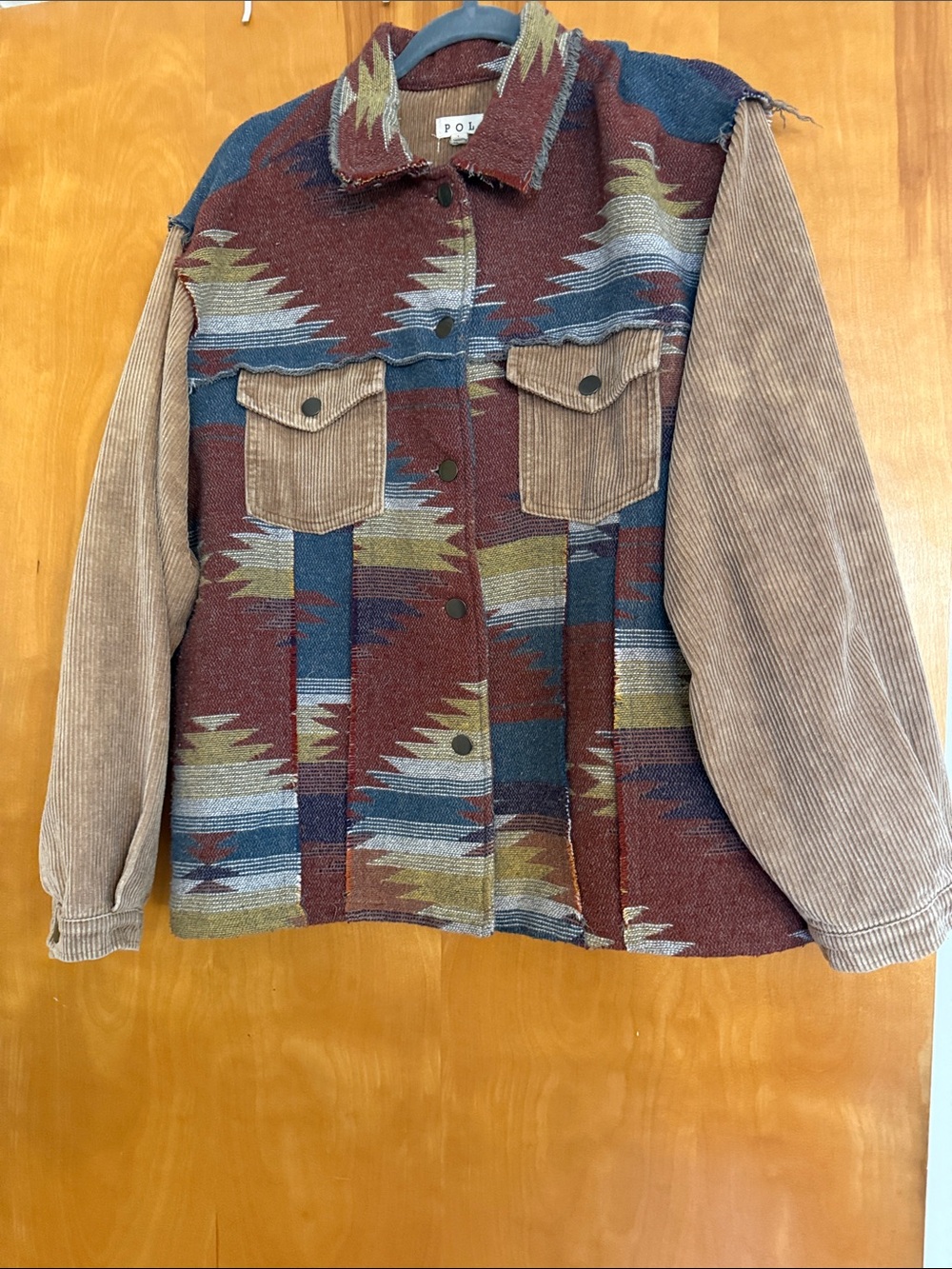 POL Women’s Distressed Aztec Button Front Jacket in Burgundy, Blue